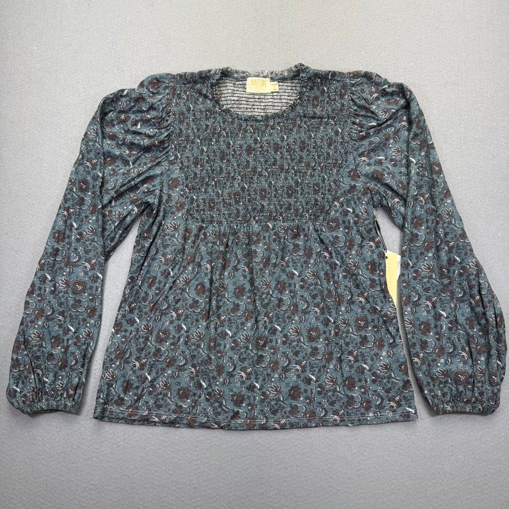 Nation LTD Womens Smocked Floral Pima Cotton Blouse Blue Brown Long Sleeve Med